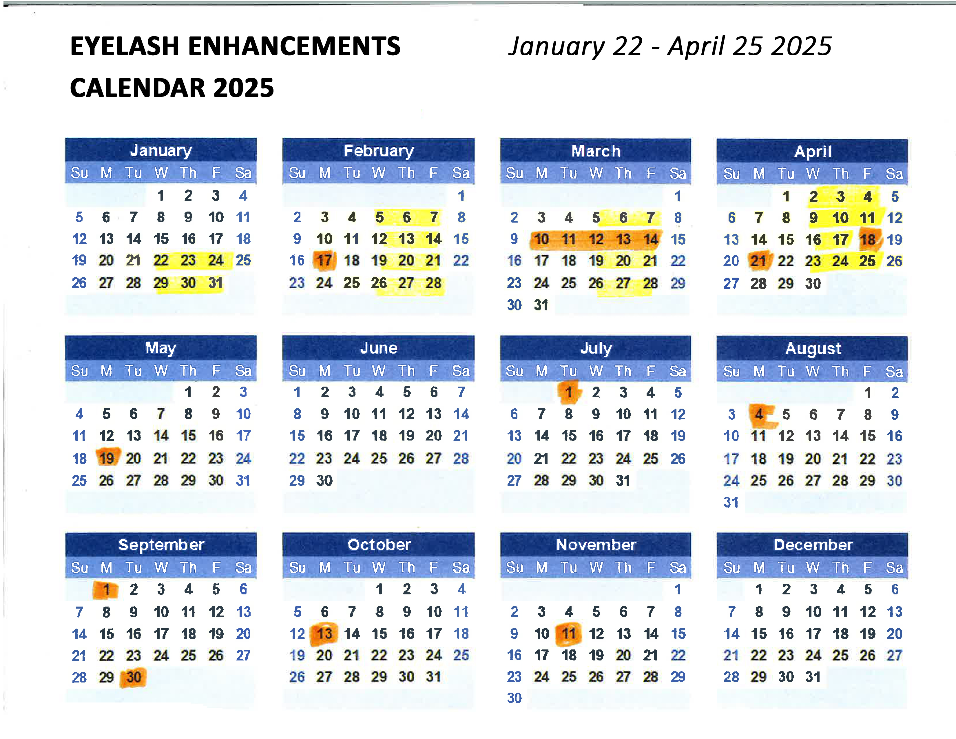 2024 Lash tech Calendar all dates